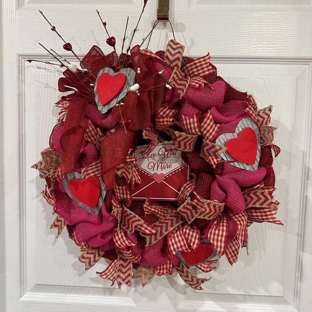 Cottagecore Burlap 19" Love You More Heart Rustic Door or Wall Decor Wreath